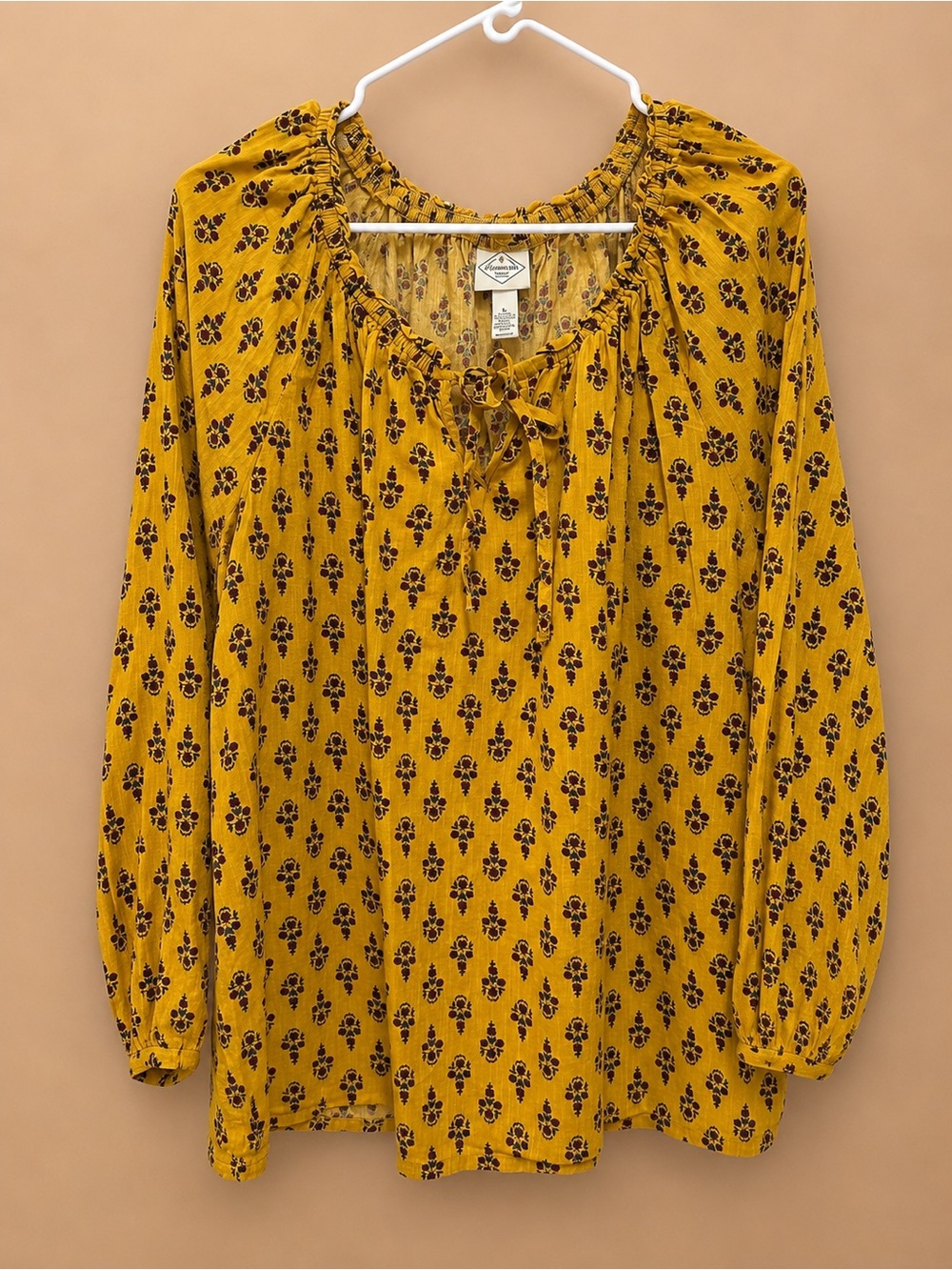 St. John's Bay Mustard Floral Tie-Neck Peasant Blouse